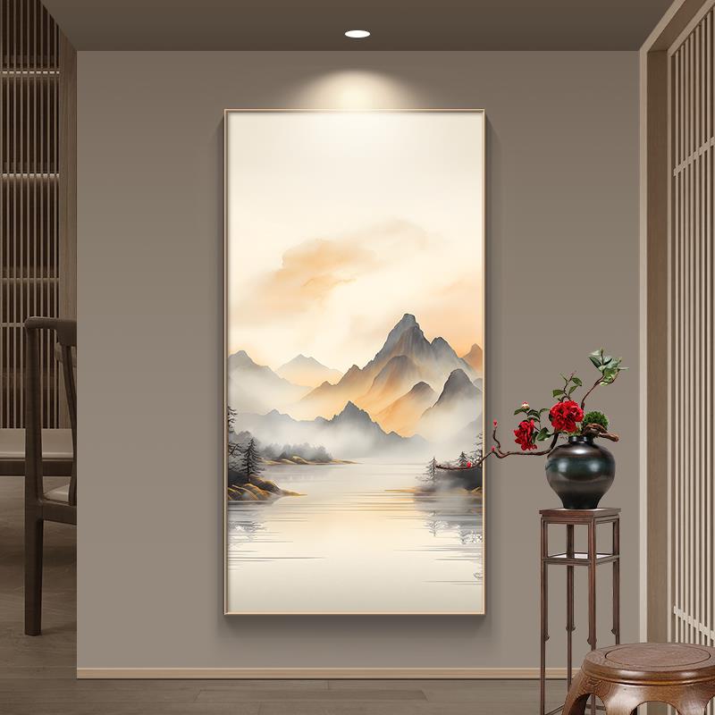 挂画靠山背景墙玄关西墙新山水画装饰画竖版西户画办公室进门中式