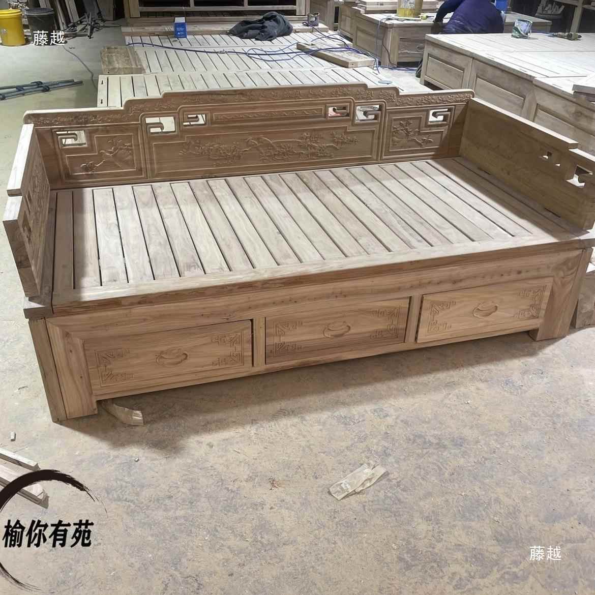 北榆木方推拉罗汉老GKI全榆木白坯床床储物伸缩床沙发床厂家