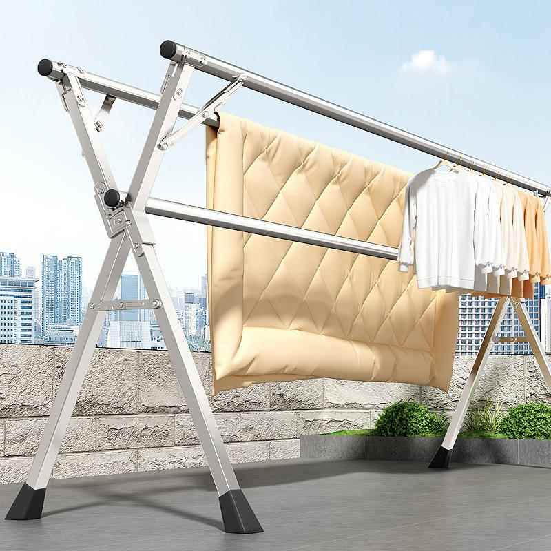 不锈钢落地晾衣架X型折叠双杆挂衣架室内外阳台晒衣架伸缩晾衣杆