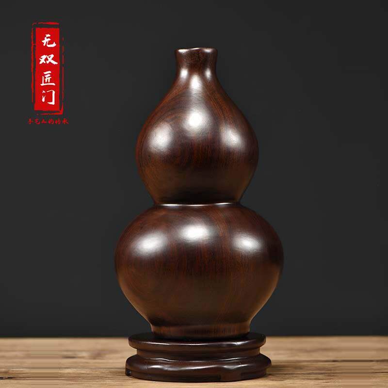 黑檀木雕福禄开 口葫芦摆件实木雕刻工艺礼品摆饰家居客厅玄关装