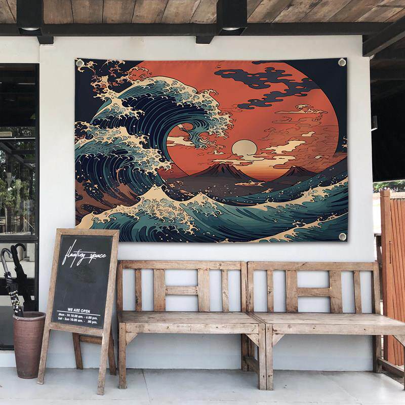 定制日式浮世绘海浪风景酒吧居酒屋料理纹身刺青店墙饰背景挂布