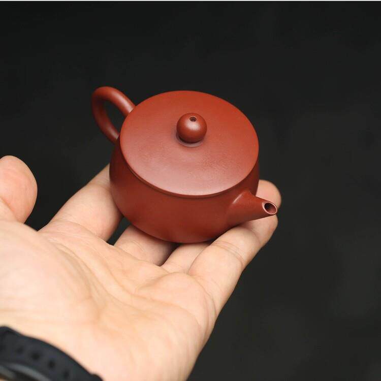 潮州手拉壶全手工制作小品壶单人泡茶壶紫砂朱泥大红袍平盖宽口壶