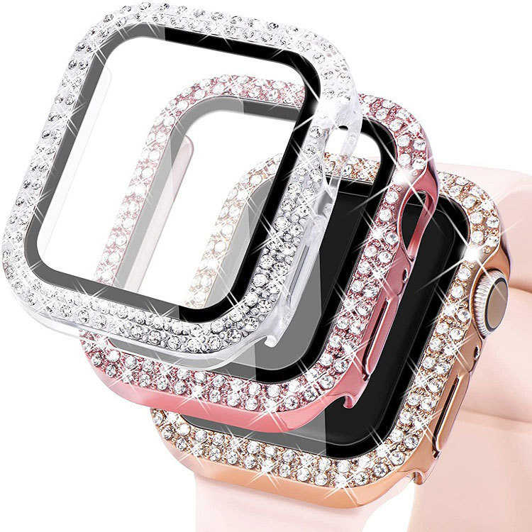 适用苹果手表Apple watch保护套PC电镀双排钻+钢化膜一体保护壳