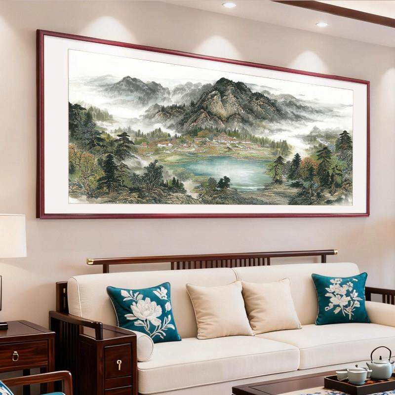 聚宝盆山水画客厅挂画西墙聚财沙发背景墙装饰画新中式办公室壁画