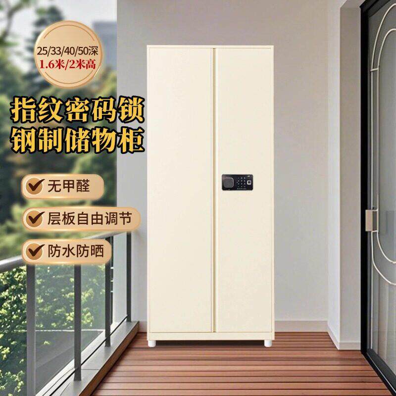 带指纹密码锁铁皮户外阳台收纳柜金属钢制卧室收纳衣柜一体靠墙