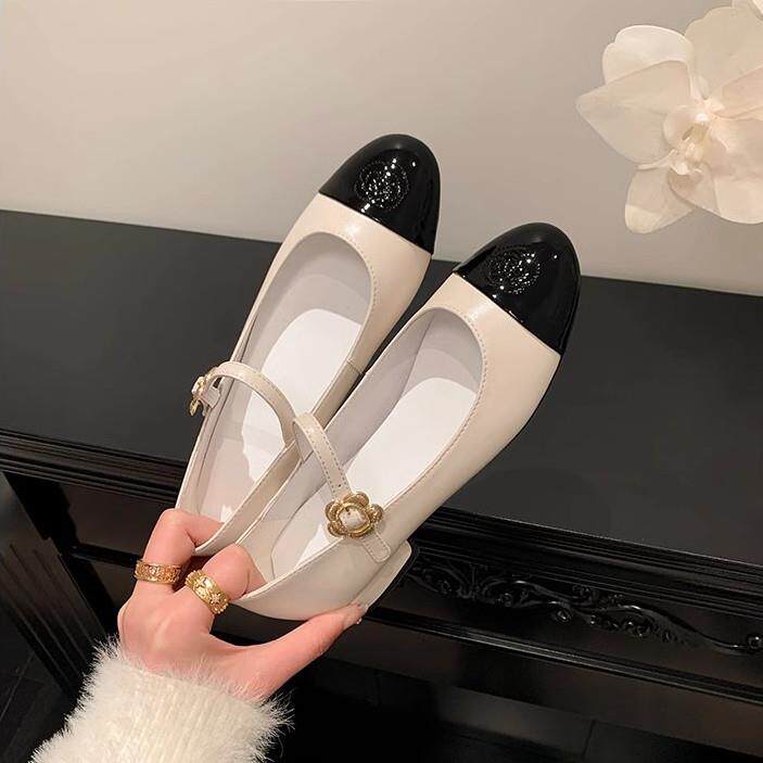 香港小香风山茶花单鞋女粗跟法式2025春秋季低跟玛丽珍仙女小皮鞋