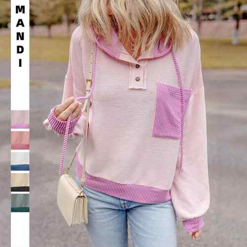 Light Pink Corded Colorblock Patch Pocket Drawstring Hooded