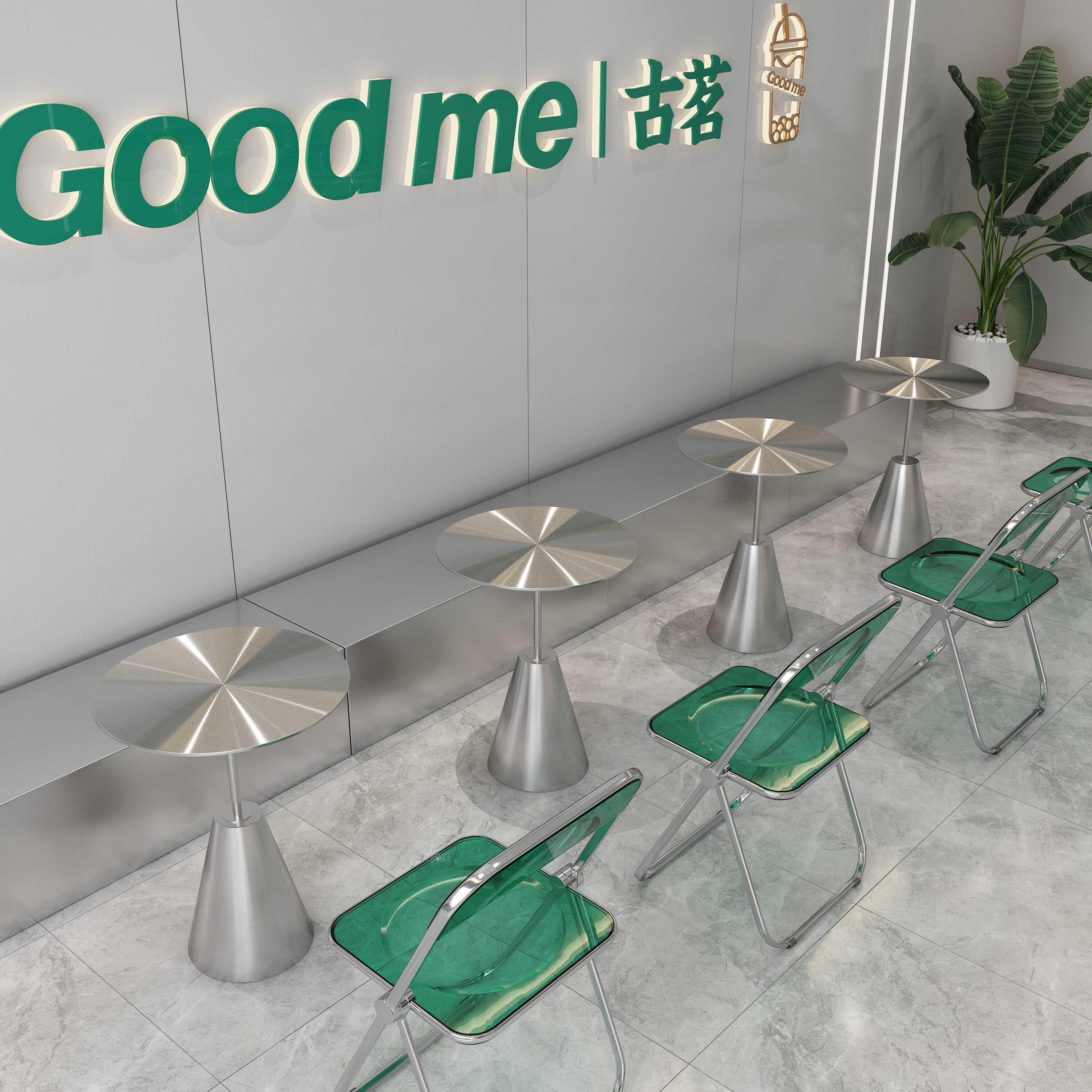 奶茶店咖啡厅不锈钢桌椅组合吧台桌透明亚克力椅工业风小圆桌定制