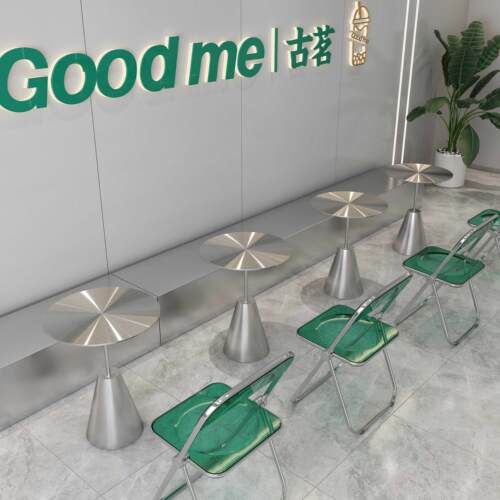 奶茶店咖啡厅不锈钢桌椅组合吧台桌透明亚克力椅工业风小圆桌定制