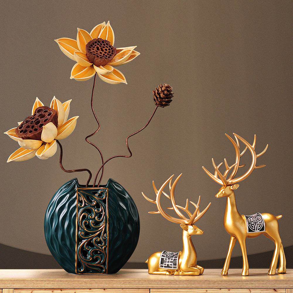 中式价鹿花瓶套装家居摆件客厅玄关柜台装饰摆设乔迁新居礼品