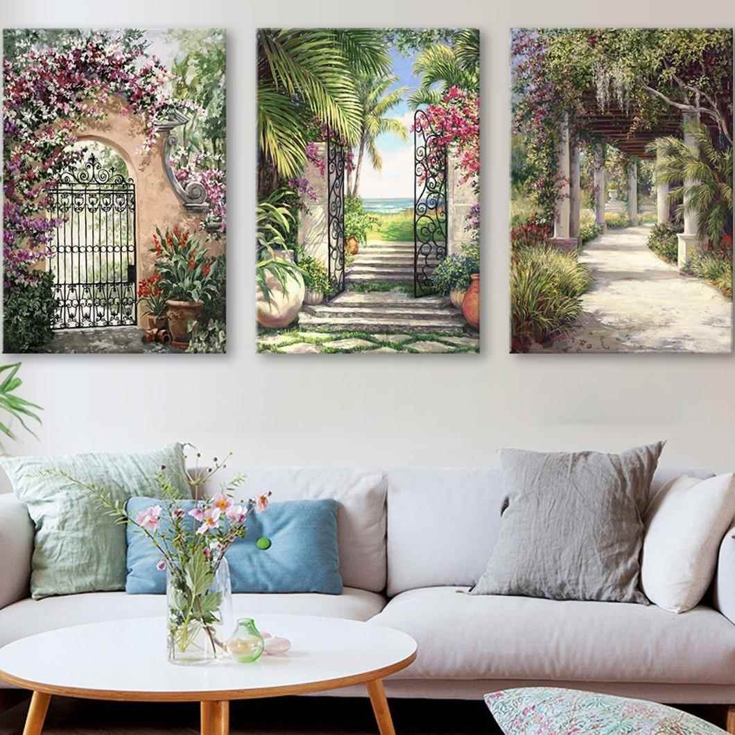 现代简约喷绘风景油画植物花卉花园酒店公寓民宿三联客厅装饰画