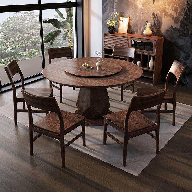 中古风圆桌黑胡桃实木餐桌椅组合家用小户型复古吃饭桌圆形带转盘