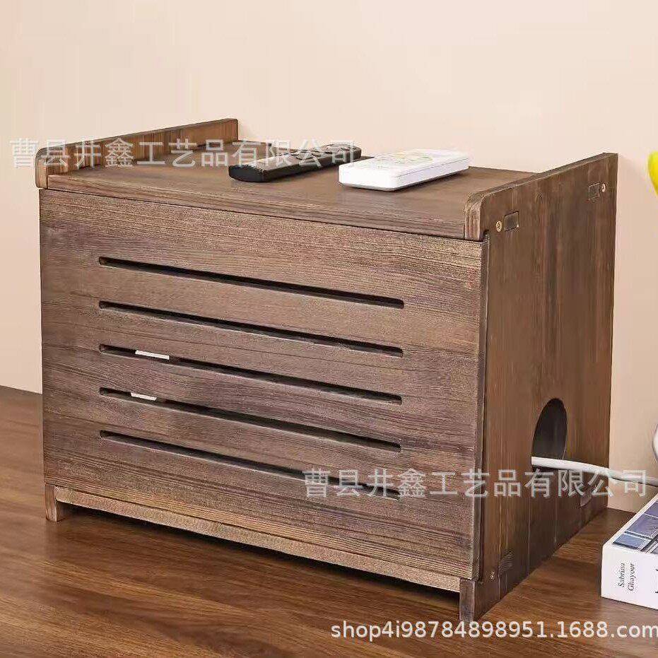 家用木质路由器收纳盒电视柜电源板木制整理盒实木无线网收纳筐