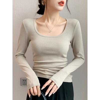 春季女长袖T打底秋新款内搭修身显瘦打底衫大领口低领锁骨方0131k