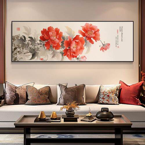 客厅新中国风横式祥瑞富贵中国画挂画背景墙壁画花沙发牡丹花卉装
