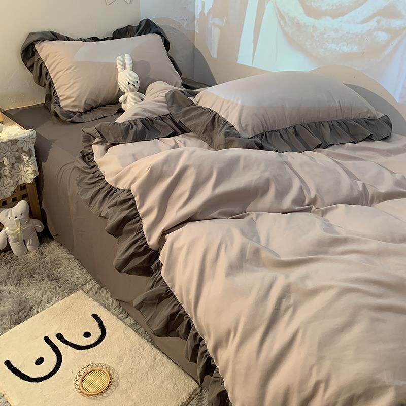 正品in三s风纯色少女套花边式床上件套秋冬四磨毛件床笠款床单被
