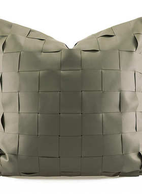 皮革灰白简约棋盘抱pu奢现代灰绿色抱格轻编织沙发靠垫枕手工枕套