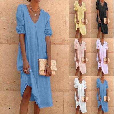 Cotton and linen medium long sleeved long length dress
