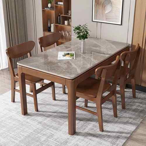 全实木岩板餐桌客厅新款吃饭桌子小户型家用长方形餐厅餐桌椅组合