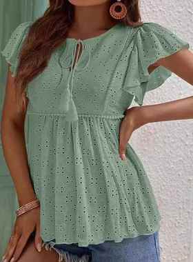 pleating ruffled tops korean lace summer out tunics fashion