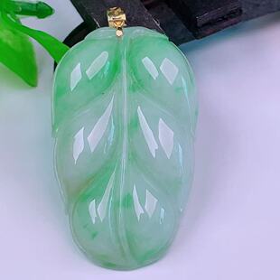 缅甸天然真品翡翠18k金扣头冰飘绿花高端精品闪拍金枝玉叶玉吊坠