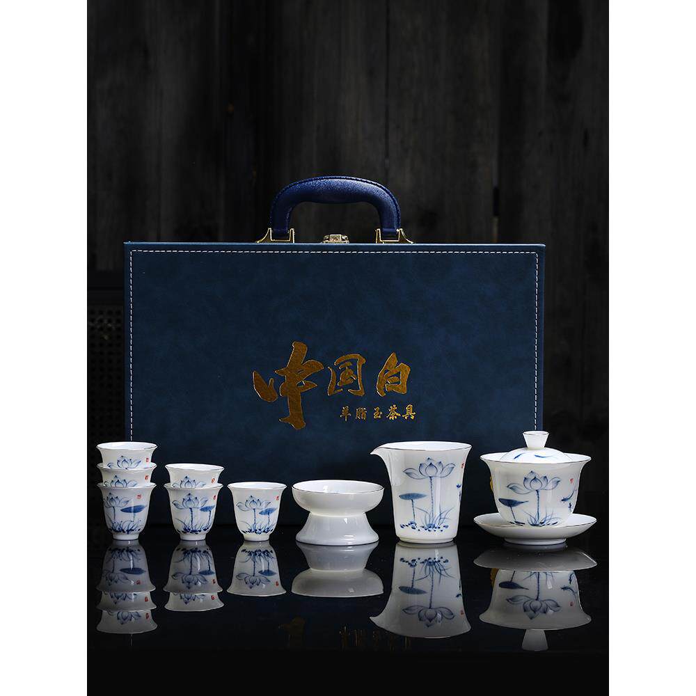 手绘羊脂玉白陶瓷功夫茶具,家庭可及豪华高端办公接待盖碗礼盒