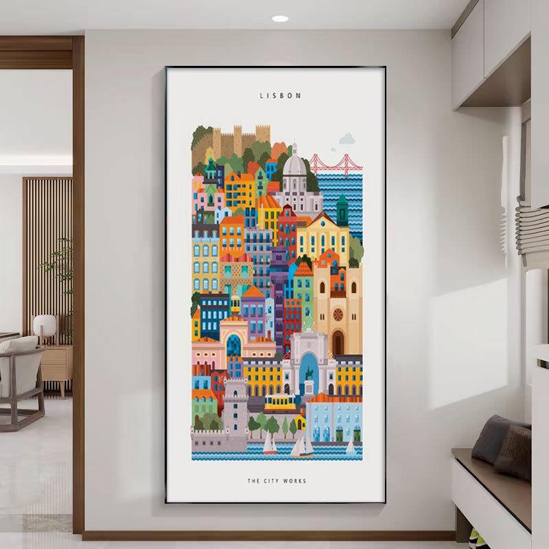 现代彩色城市建筑特色进门玄关装饰画客厅抽象墙面画走廊过道挂画