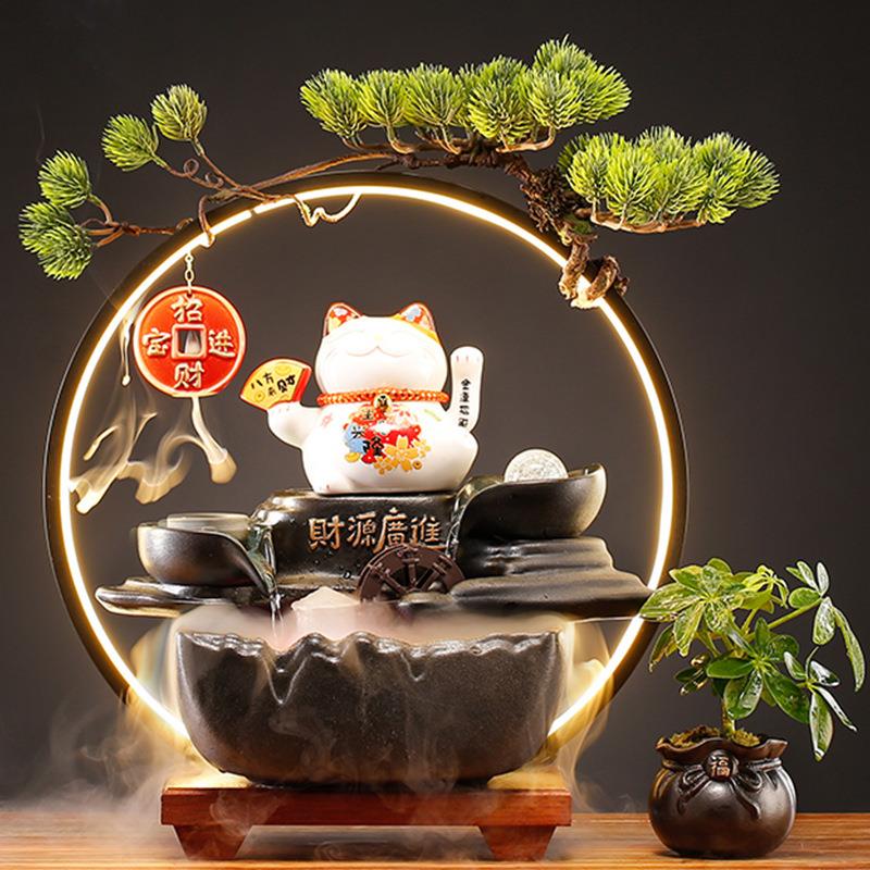 安水隆堂创招财室猫流水鱼缸摆件办公装饰循环桌面乔迁意前台礼品