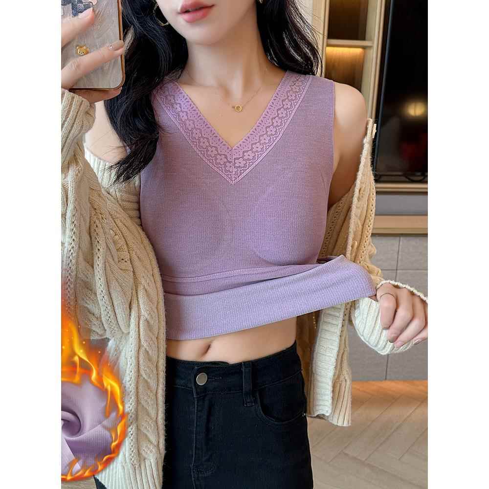 秋冬蕾丝v领保暖背心女加绒加厚带胸垫无痕内搭上衣打底衫1030e