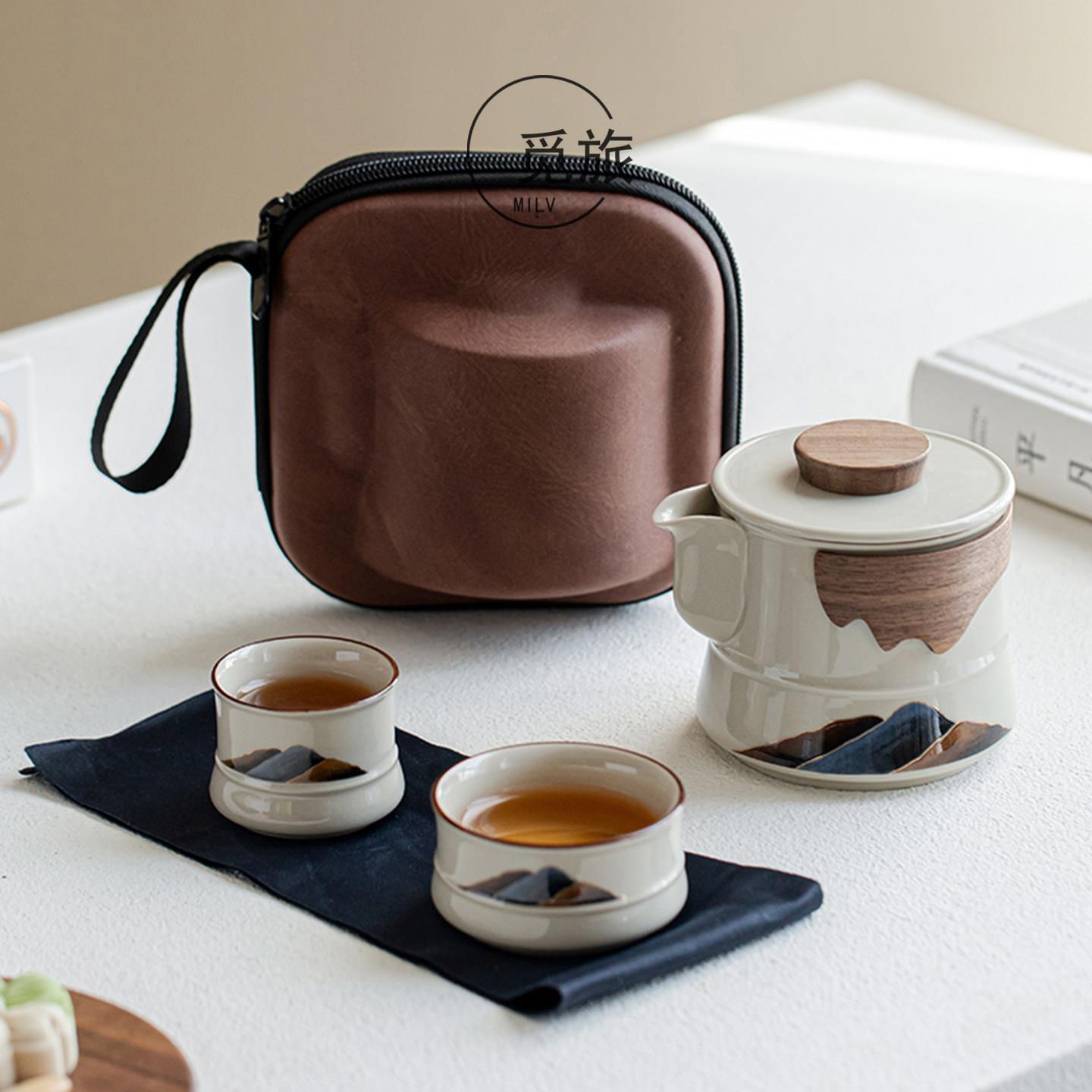 陶瓷旅行茶具套装一壶二杯户外露营便携式泡茶壶茶杯一人用快客杯