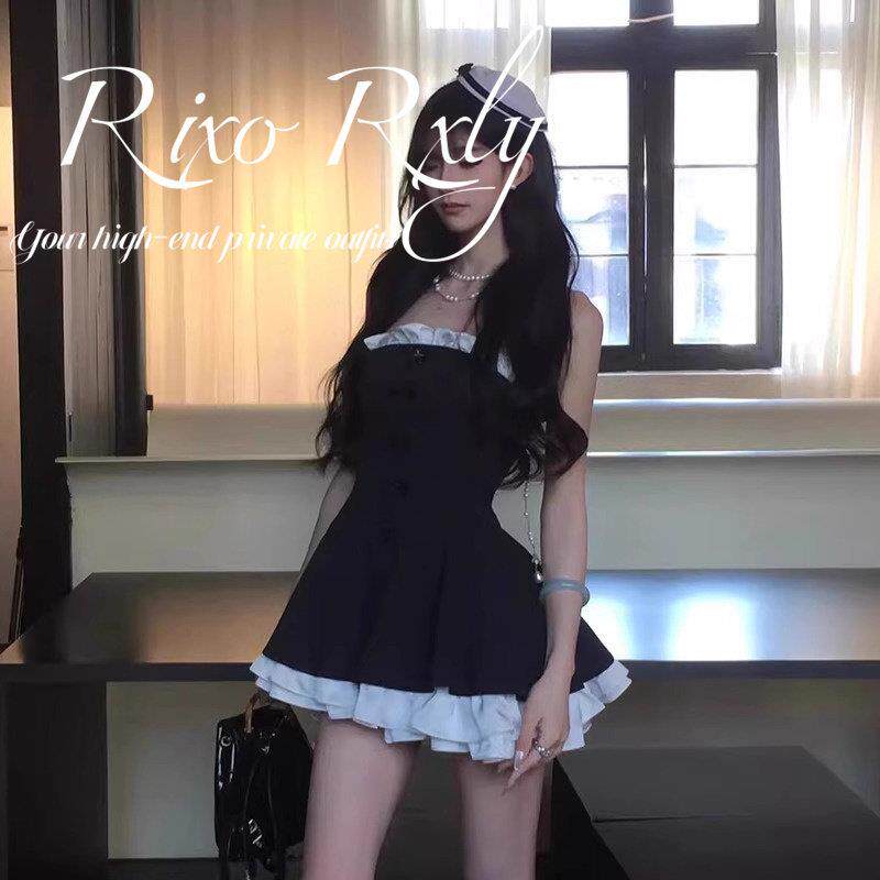 RIXO RXLY黑色抹胸一字肩洋装女春秋季收腰显瘦纯欲气质蛋糕裙