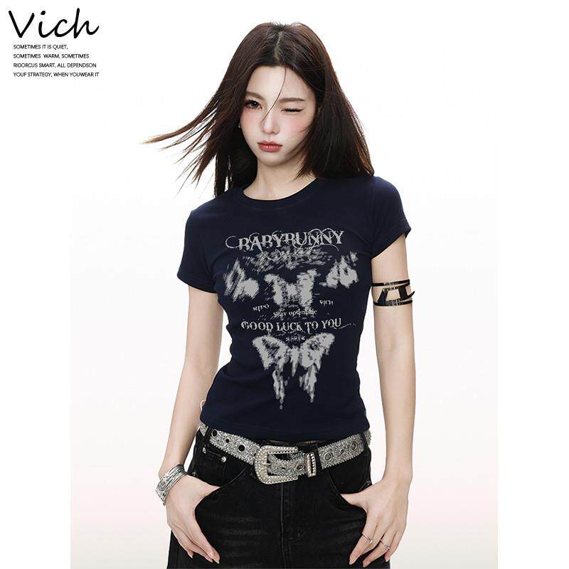 VICH美式正肩短袖T恤女夏季修身设计感甜辣妹内搭打底衫短款上衣