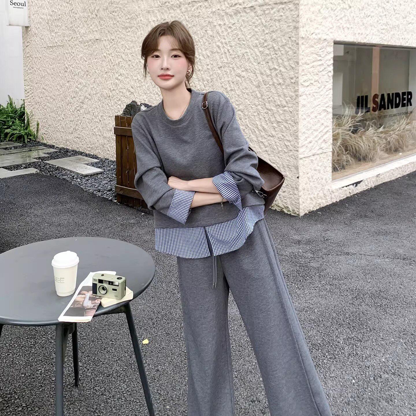 Rouje Moaks春秋休闲圆领厚棉T时尚套装显瘦直筒运动长裤两件套女