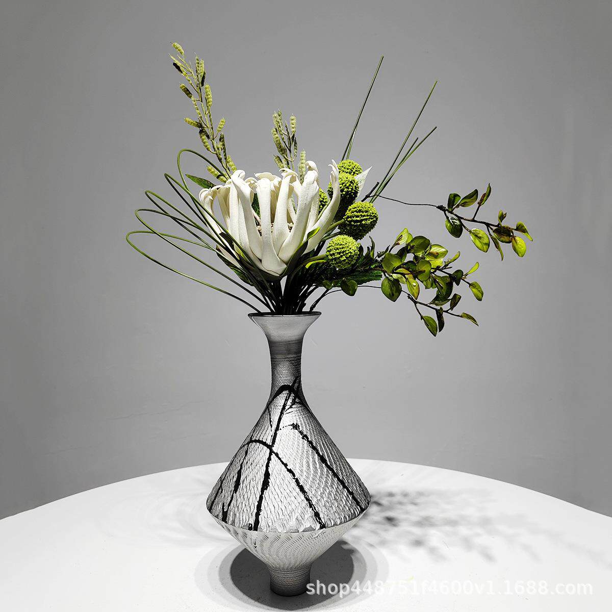 新中式仿真绿植插花陶瓷花器样板房茶几玄关装饰品假花艺桌面摆件