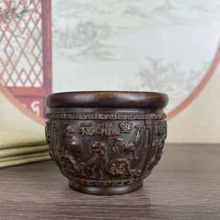 古玩古董收藏复古合金铜浮雕百福十二生肖缸香炉烟灰缸家居小摆件