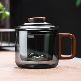 办公玻璃茶杯透黑墩墩杯，咖啡杯茶水分离办公室，专用高硼硅耐热水杯