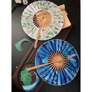 中国风绿色茉莉花蒲扇360度折扇子圆扇古风旗袍汉服跳舞扇可携式