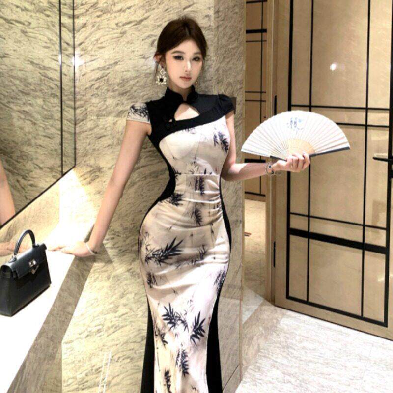 直播女主播衣服夏季新中式年轻款改良旗袍长裙设计感修身连衣裙