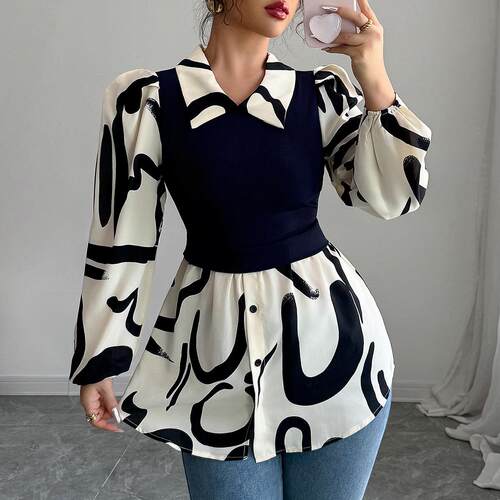 Women's Colorblock 2 in 1 Fitted Long Sleeve Button Collared