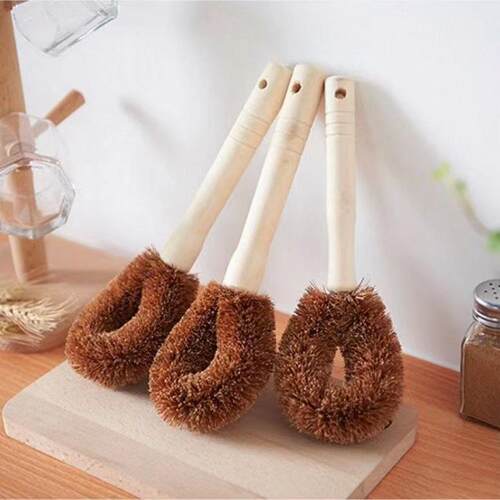 Natural Coconut Fiber Pot Scrubber with Long Wooden Handle -