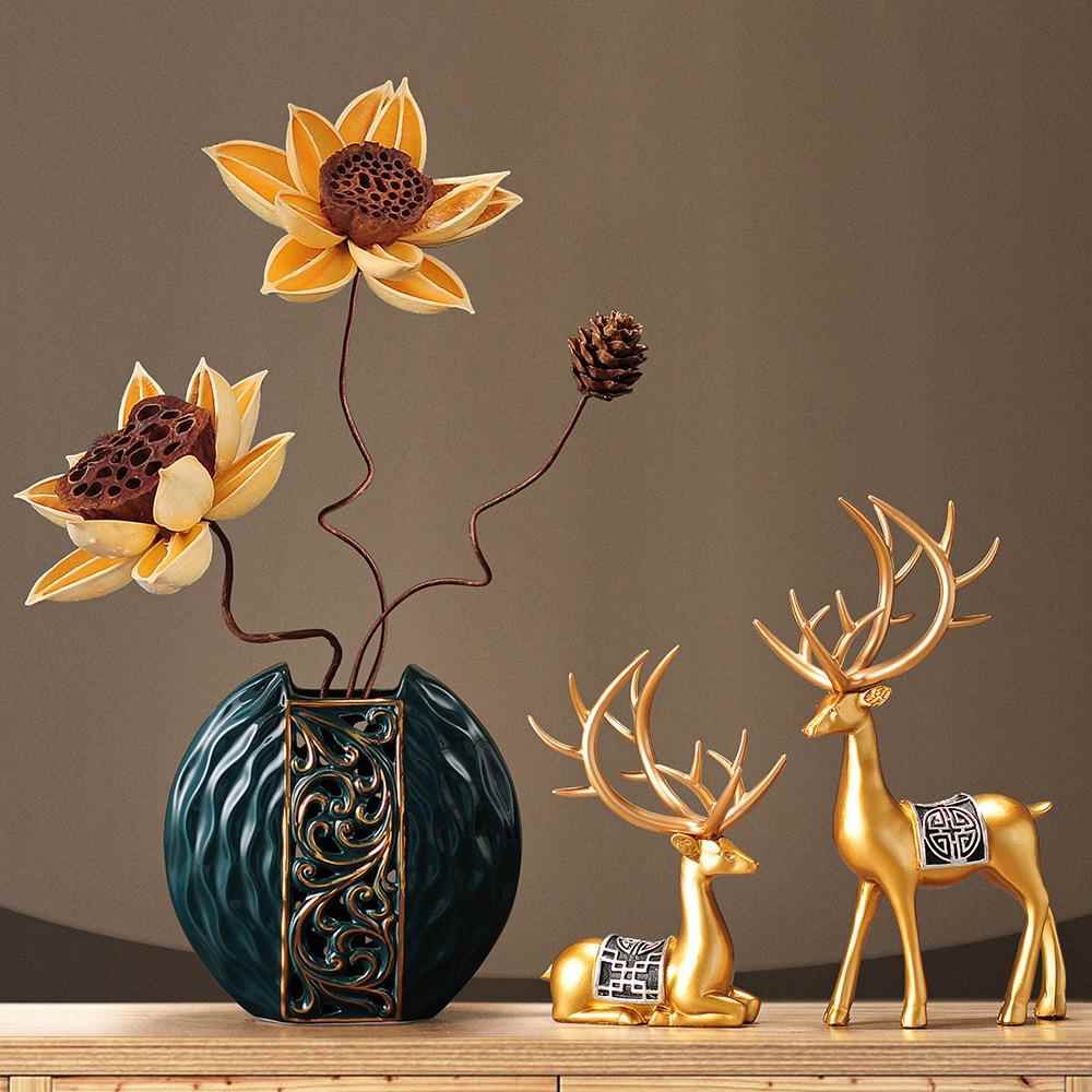 中式价鹿花瓶套装家居摆件客厅玄关柜台装饰摆设乔迁新居礼品