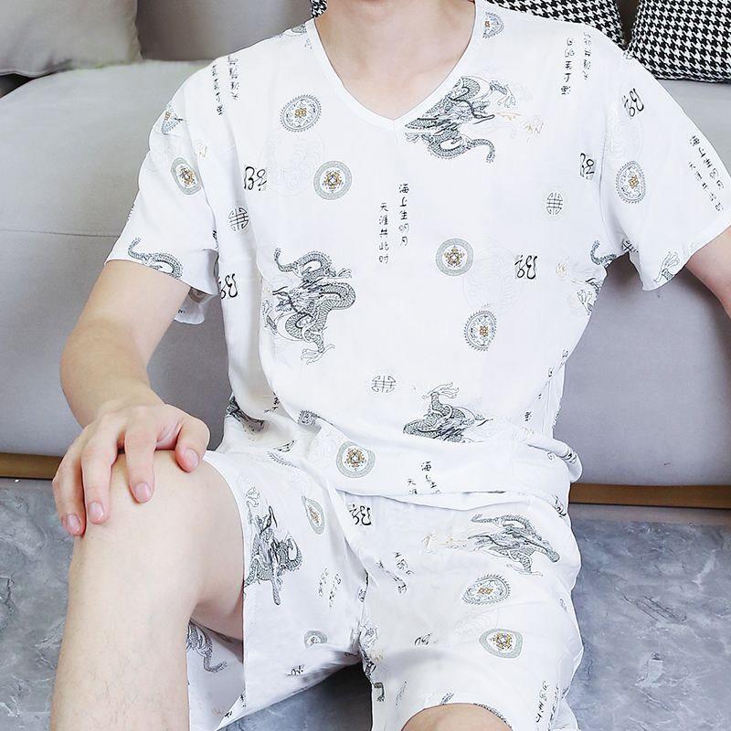 东方绸男士睡衣夏季棉绸加大码绵绸薄款短袖家居服青年人造棉套装
