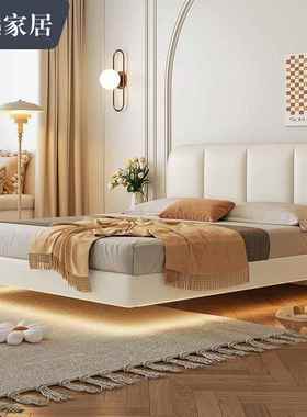 SYPC129冬熊悬浮床带灯轻奢简约现代真皮双人床主卧1.8m奶油风小