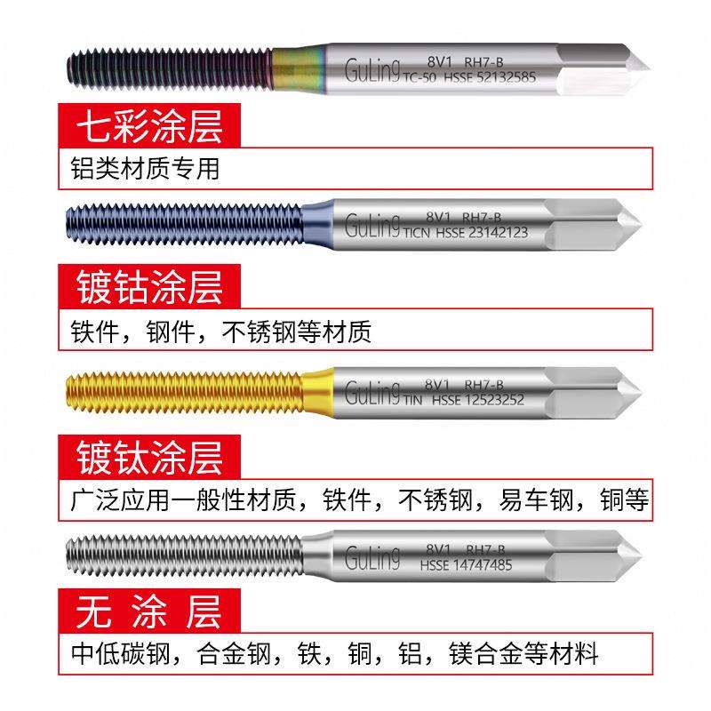 GULING高钴镀钛气门嘴挤压丝攻 5V1 8V1 10V2轮胎专用铝用丝锥