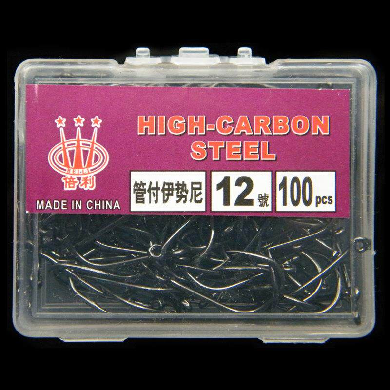 倍利100枚盒装鱼钩 管付伊势尼黑色带圈有倒刺高碳钢