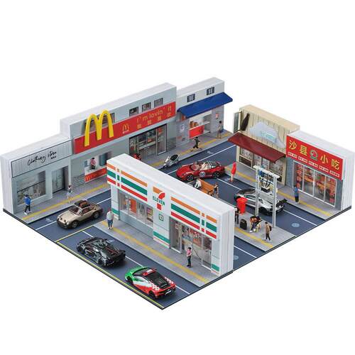 仿真1:64微缩麦当劳711便利店超市建筑场景模型车街景微观小场景