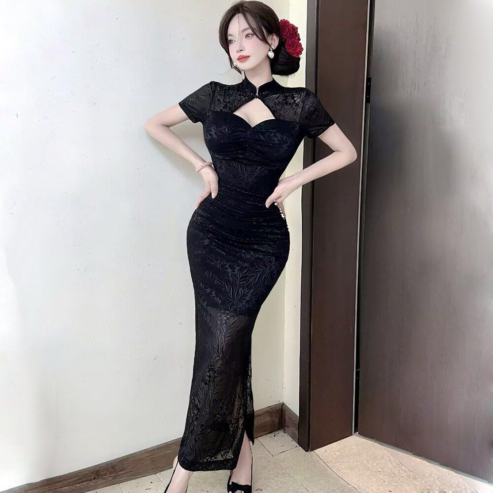 新中式国风提花改良旗袍短袖连衣裙女夏季性感修身开叉包臀长裙子