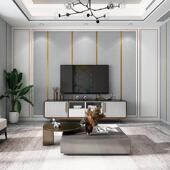 轻奢客厅沙发电视背景墙壁纸线条大间距鹿皮绒墙纸