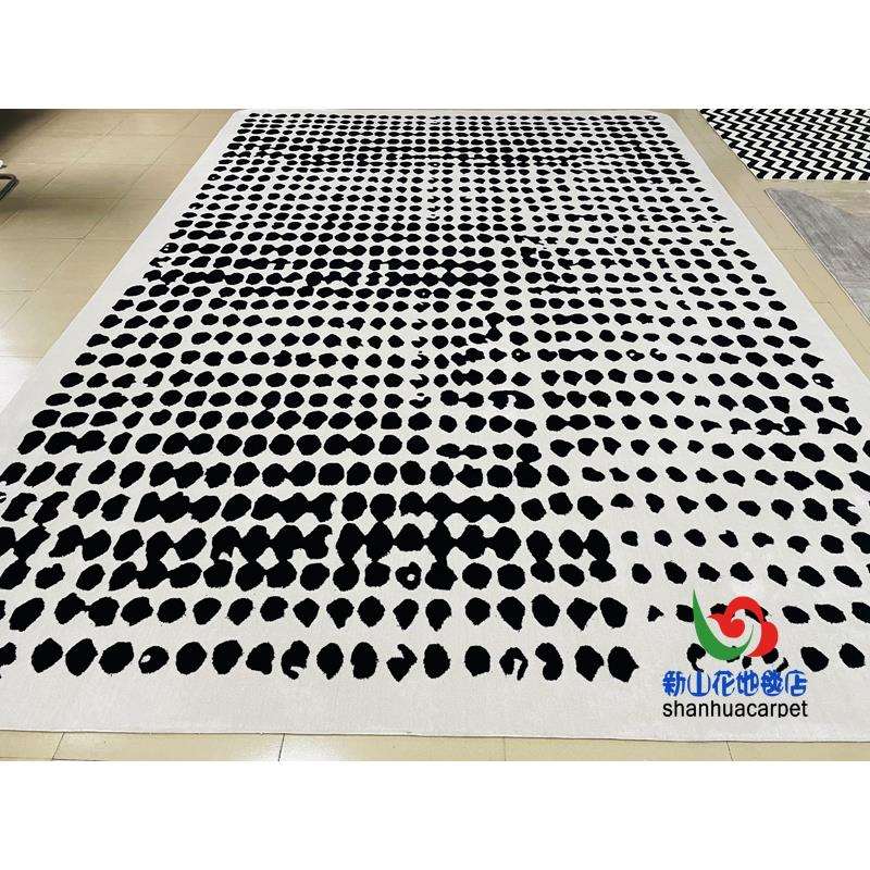 现代简约黑色白色圆圈格子中式客厅茶几地毯欧式卧室客房大厅地毯
