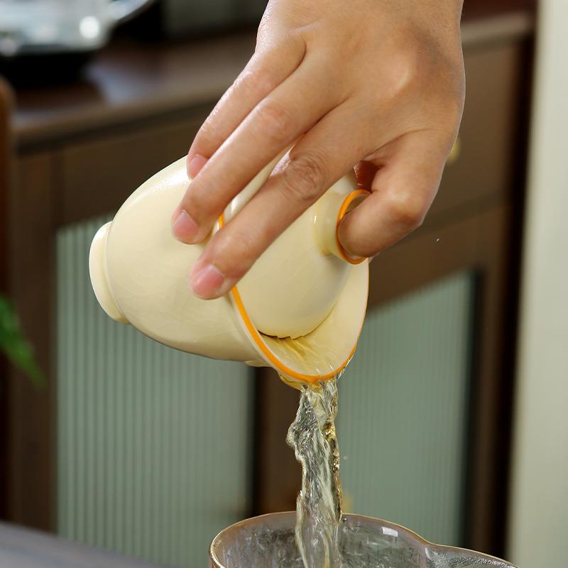汝窑盖碗家用陶瓷黄色中式开片可养单个大号功夫茶具三才泡敬茶器